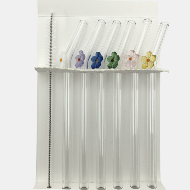 Reusable Glass Straws Set 6 - Flowers Multi