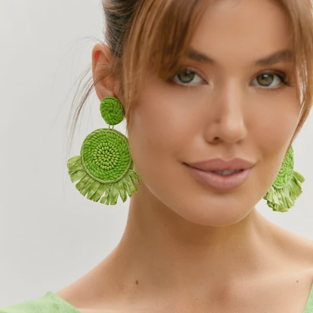 Adorne Pty Ltd | Earrings Kami Bead Top Raffia Tassel - Green | Shut the Front Door