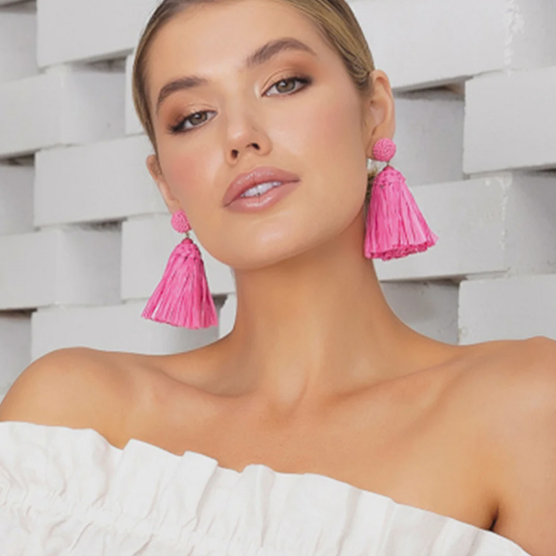 Adorne Pty Ltd | Earrings Kami Bead Top Raffia Tassel - Pink | Shut the Front Door