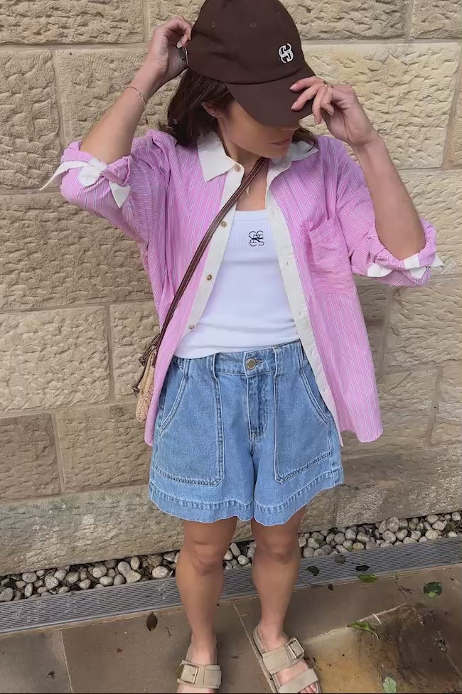 Peta Oversized Shirt - Hibiscus Pink / Triple Stripe White Collar