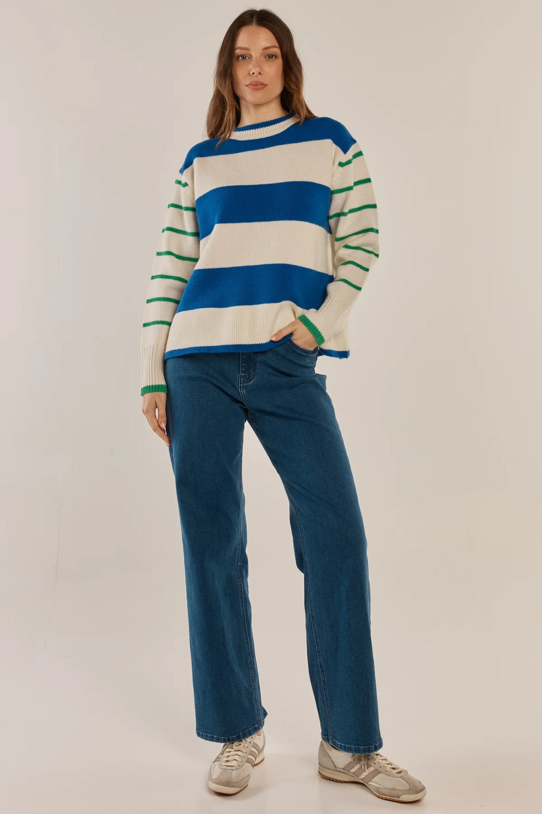 Betty Basics | Camryn Knit Sweater - Blue/Green Stripe Cream | Shut the Front Door
