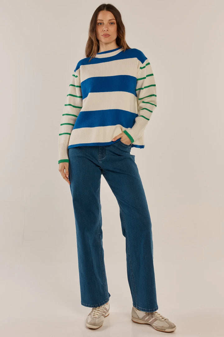 Betty Basics | Camryn Knit Sweater - Blue/Green Stripe Cream | Shut the Front Door