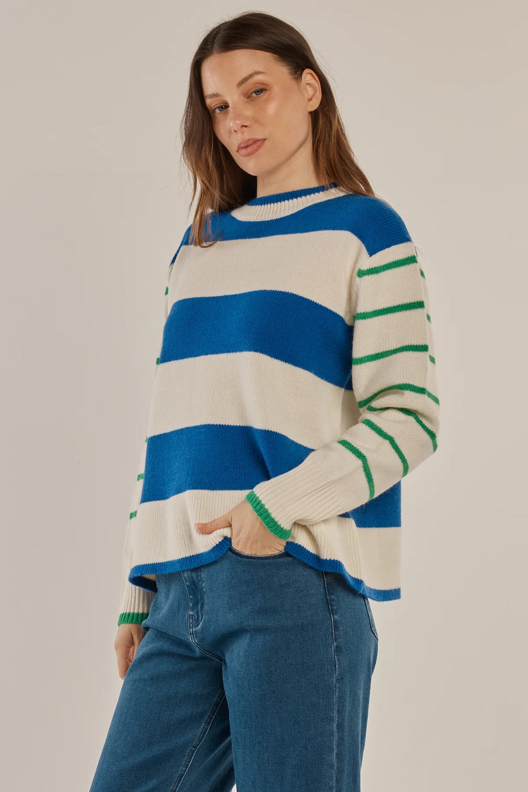 Betty Basics | Camryn Knit Sweater - Blue/Green Stripe Cream | Shut the Front Door