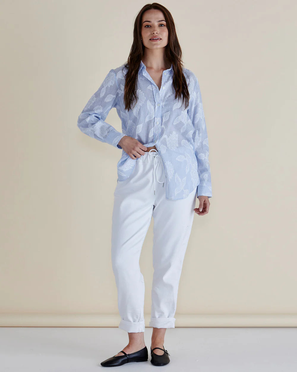 Betty Basics | Lace Stripe Shirt - Lace Floral Blue | Shut the Front Door