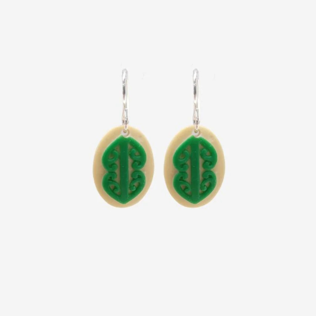 Tikitibu | Earrings Mangopare Small Oval - Cream & Green | Shut the Front Door