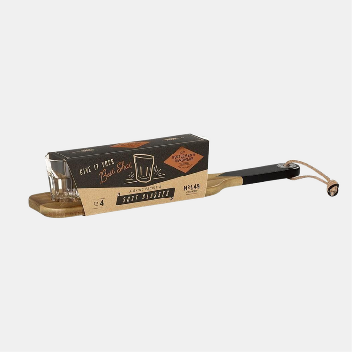 Gents Hardware | Serving Paddle & Shot Glasses | Shut the Front Door