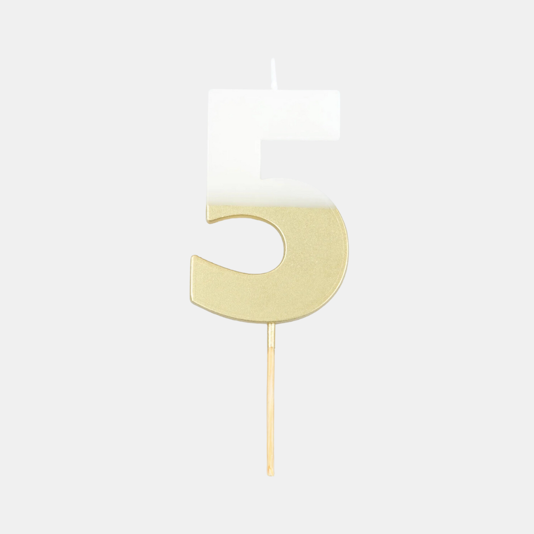 Meri Meri | Gold Dipped Candle - Number 5 | Shut the Front Door