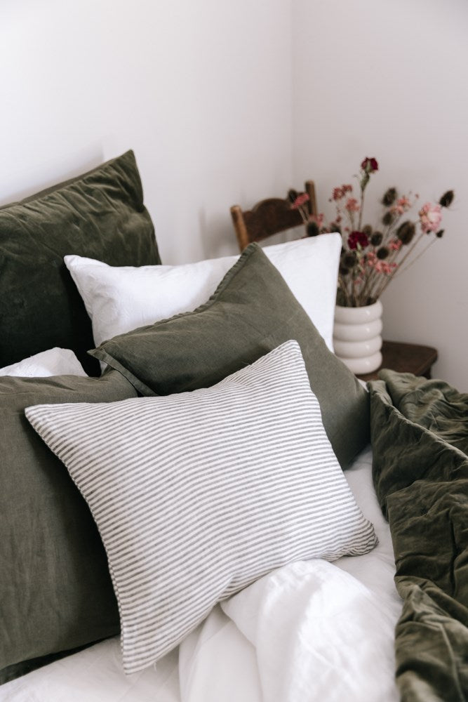 Raine & Humble | Linen Stripe Cushion 50x40cm - Olive | Shut the Front Door
