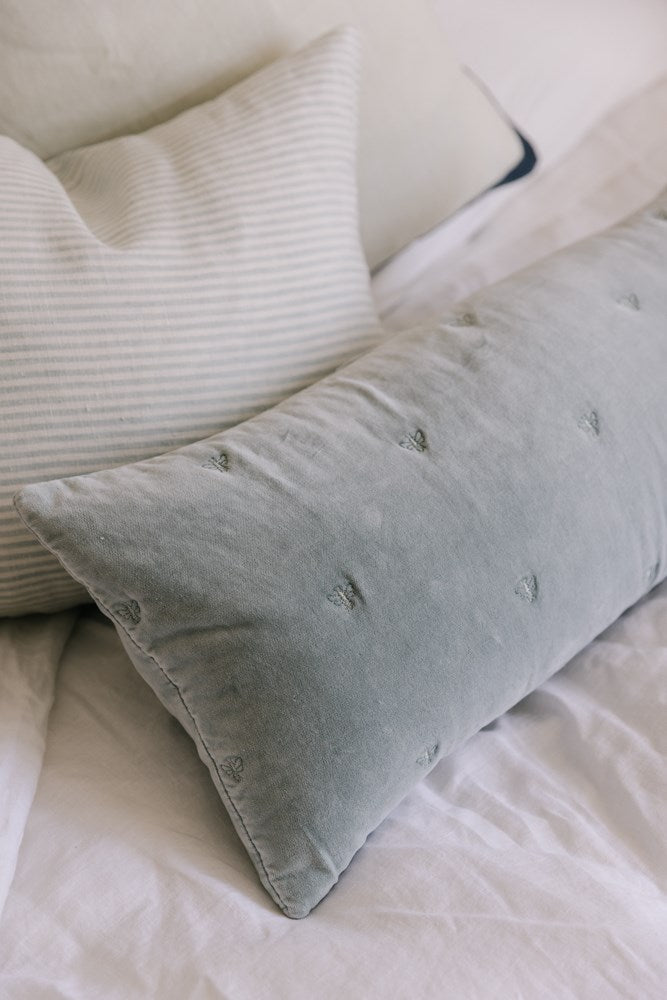 Raine & Humble | Mason Bee Velvet Breakfast Cushion 30x60cm - Sky Grey | Shut the Front Door