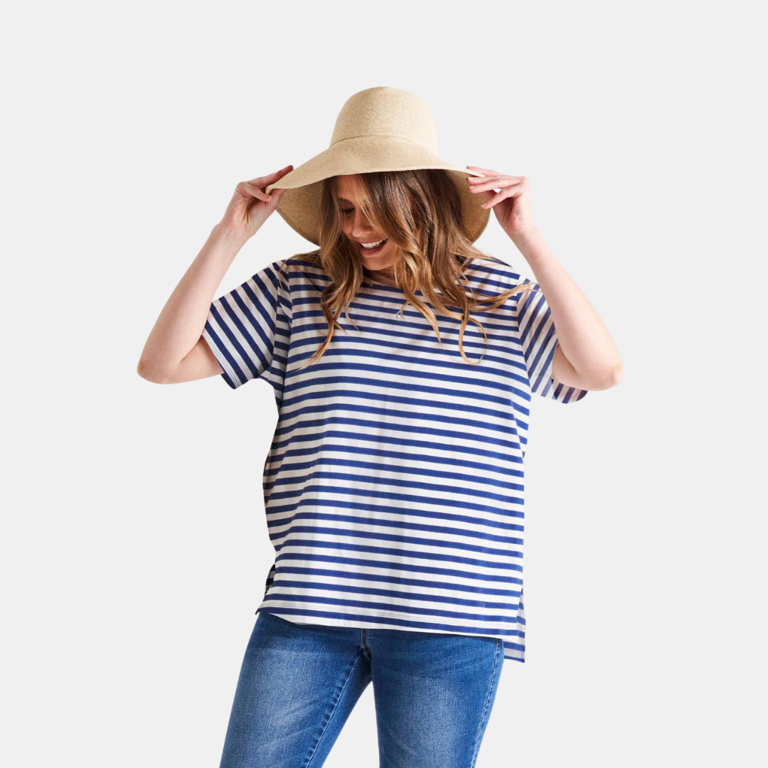 Betty Basics | Mia Split Hem Tee - Ocean Stripe | Shut the Front Door