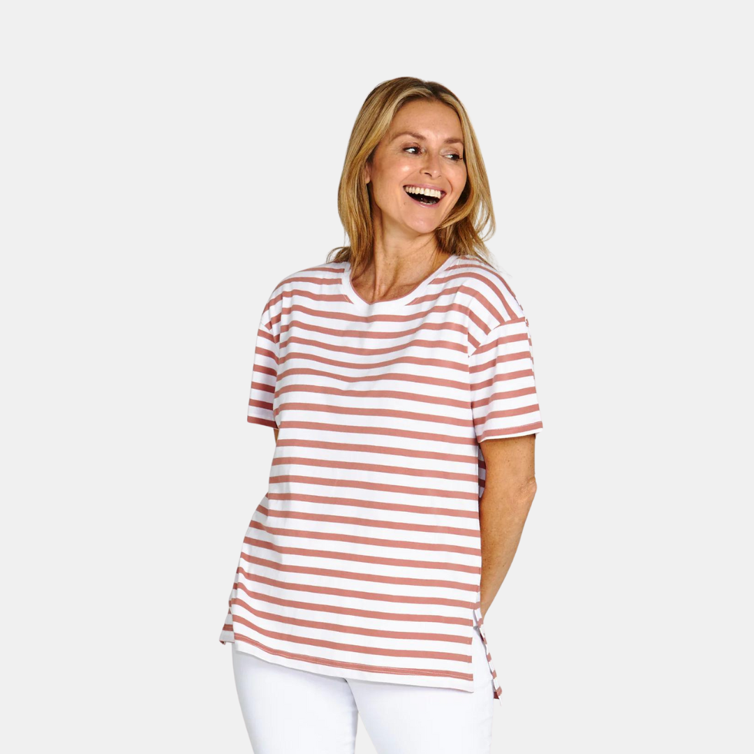 Betty Basics | Mia Split Hem Tee - Dusty Pink Stripe | Shut the Front Door