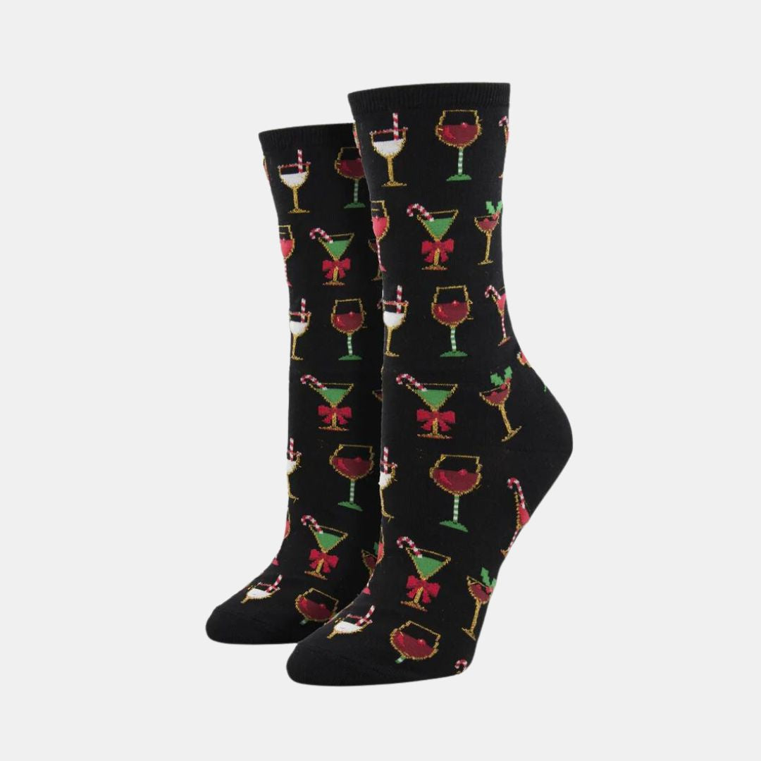 Socksmith | Women's Crew Socks Christmas Cocktails - Black | Shut the Front Door