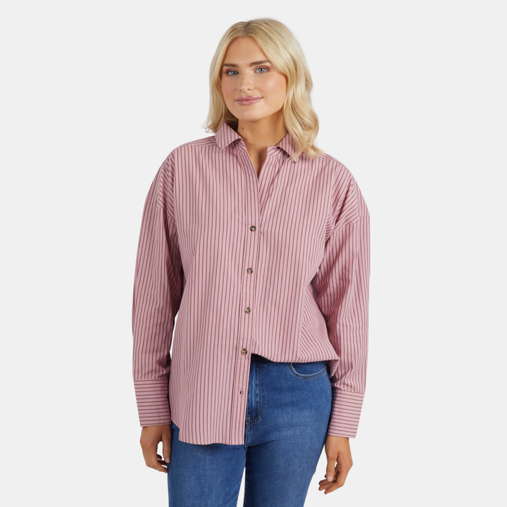 Elm Knitwear | Antonia Stripe Shirt - Dusty Pink/Chocolate | Shut the Front Door