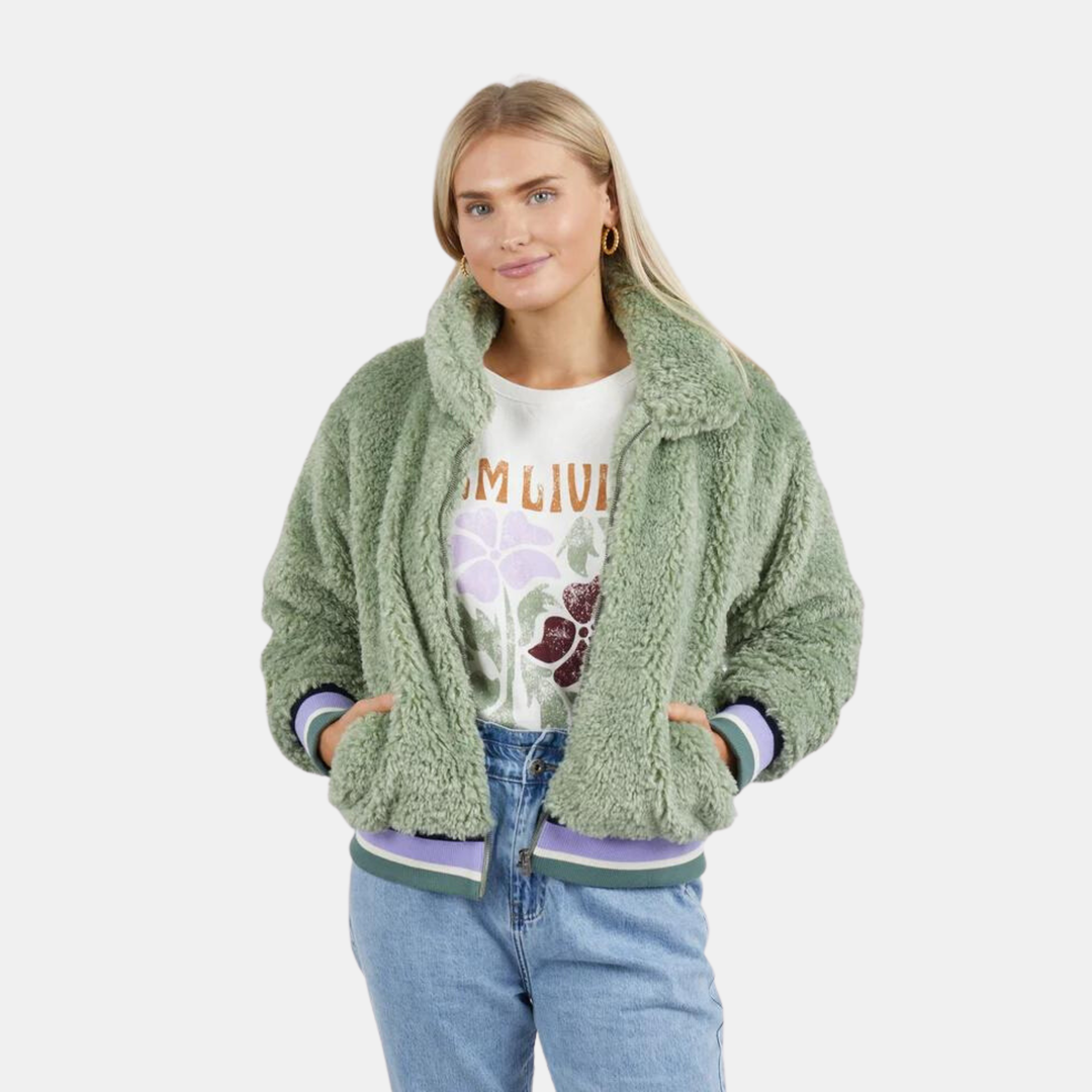 Teddy Bear Bomber Jacket - Olive Green